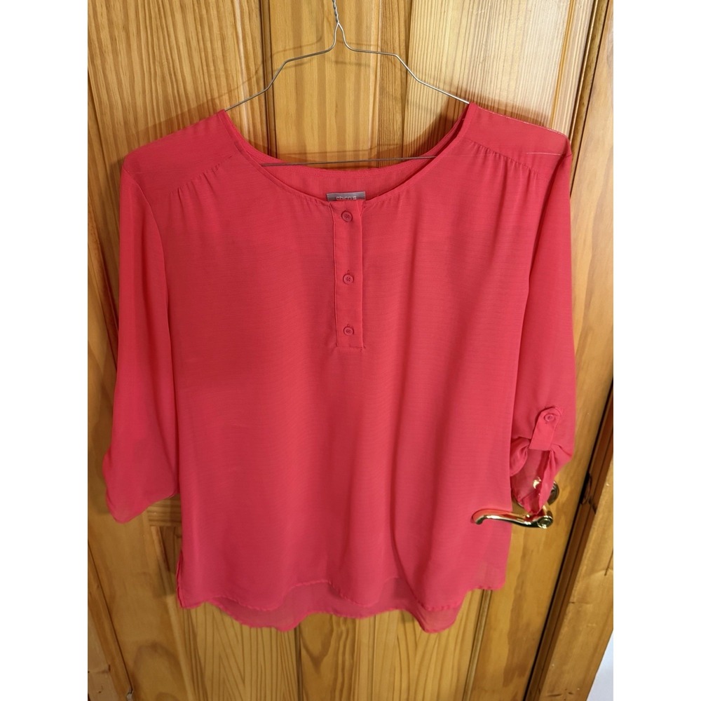 Chico's Size 3 or XL Red Pink Roll Tab Sleeve Henley Blouse Tunic Top Sheer